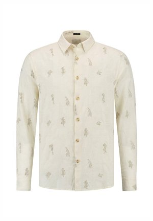Bavlnená košeľa s dlhým rukávom v krémovej farbe s jemnou výšivkou listov, s gombíkmi na prednej strane a klasickým golierom. Hladká textúra po celej ploche.