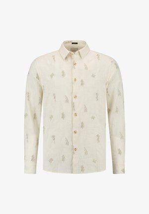 Bavlnená košeľa s dlhým rukávom v krémovej farbe s jemnou výšivkou listov, s gombíkmi na prednej strane a klasickým golierom. Hladká textúra po celej ploche.