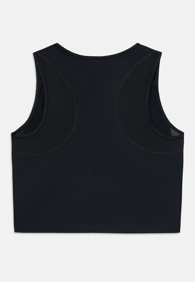 Czarny bezrękawnik z gładkiego materiału, okrągłym dekoltem i kontrastowymi siateczkowymi panelami na ramionach. Prosty, skrócony fason.