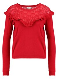 Rode trui met lange mouwen, voorzien van een kanten overlay met gerimpelde randen op het borststuk, geribde manchetten en zoom. Zachte gebreide stof.