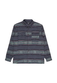 Chemise à manches longues, motif à carreaux bleu marine et gris, deux poches poitrine avec fermetures à bouton, tissu texturé et accents contrastants.