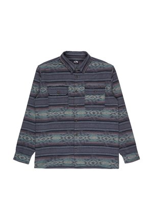 Button-up shirt with long sleeves, dark navy and gray plaid pattern, two chest pockets with button closures, textured fabric, and contrasting accents.