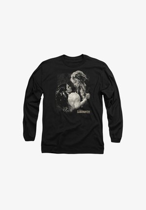 Black long-sleeve shirt featuring a printed graphic of two characters in a dark, fantasy scene; intricate details and muted colors in the design.