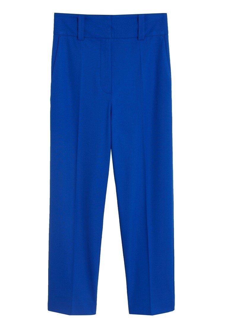 Pantalon bleu droit avec passants de ceinture, poches latérales et fermeture éclair à l’avant.