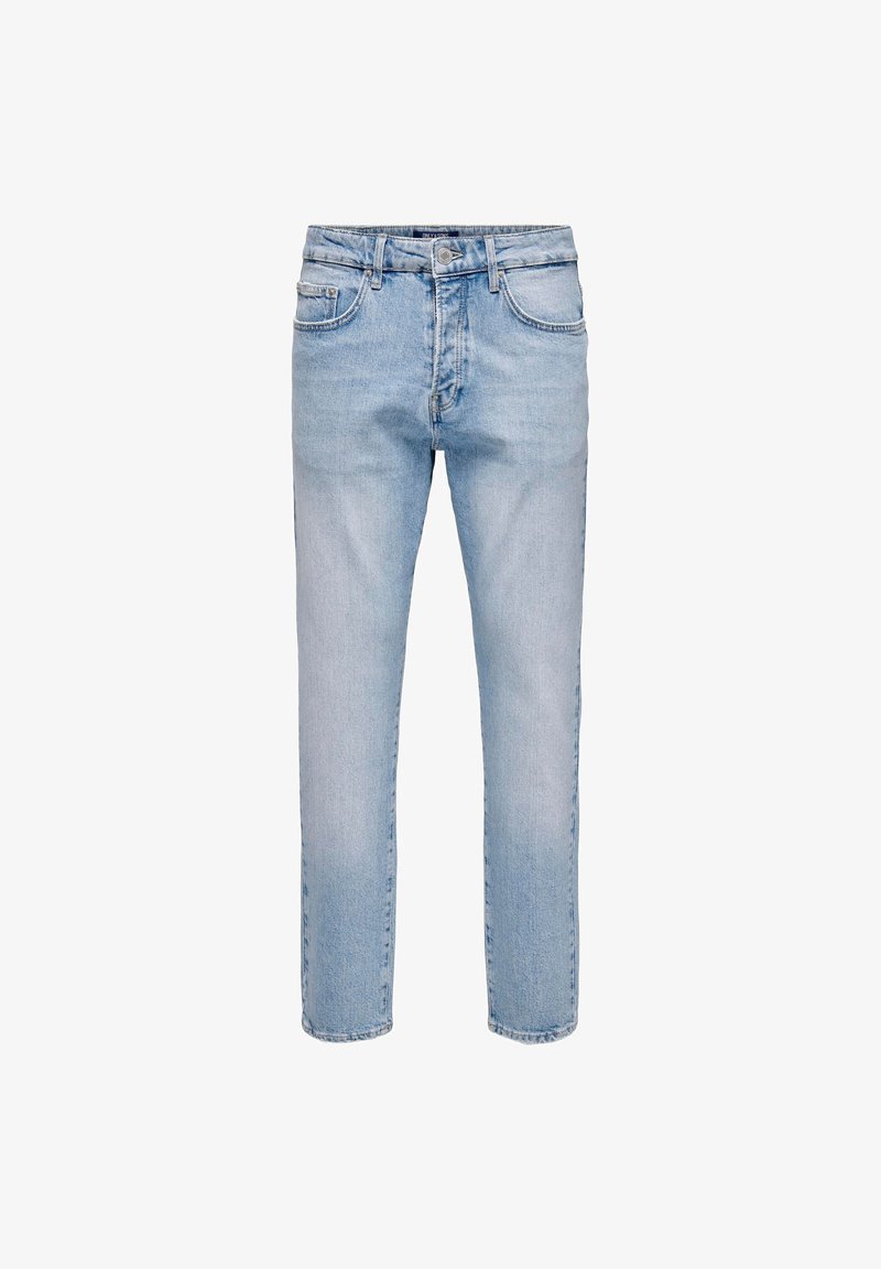 Light blue denim jeans with a classic straight-leg cut, five pockets, and subtle fading. Features a button and zip fly closure.