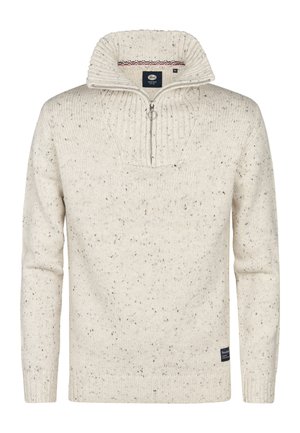 Jersey de punto color crema con un alto cuello, cierre de media cremallera y textura moteada. Presenta puños y dobladillo acanalados. Etiqueta de la marca en la parte inferior.