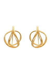 Goudkleurige oorbellen met een dubbele lusontwerp, een gestructureerde afwerking en een postback voor veilige draagbaarheid.