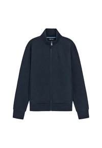 Felpa zip con colletto alto, maniche lunghe, due tasche laterali, polsini a costine e una texture liscia. Presenta un logo discreto.