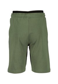Shorts en coton vert avec une taille élastique noire, featuring une texture lisse et une coupe droite simple.