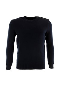 Maglione a maglia blu navy con maniche lunghe, scollatura rotonda, polsini e orlo a coste, caratterizzato da quattro bottoni neri sulla spalla sinistra.