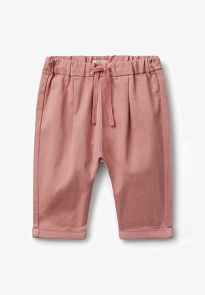Lichtroze katoenen broek met een elastische tailleband, een trekkoord en opgerolde manchetten. Heeft voorplooien voor een relaxte pasvorm.
