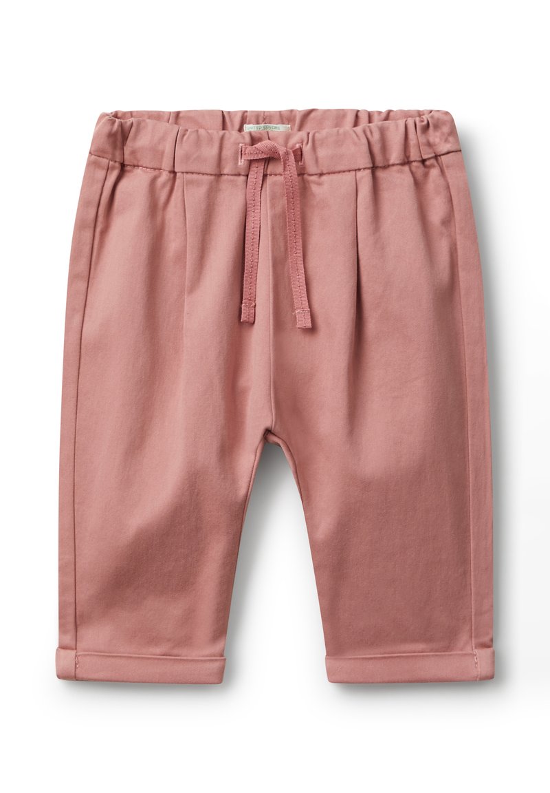 Jasnoróżowe spodnie bawełniane z elastycznym pasem, sznurkiem i podwiniętymi mankietami. Posiadają przednie zaszewki dla luźnego kroju.