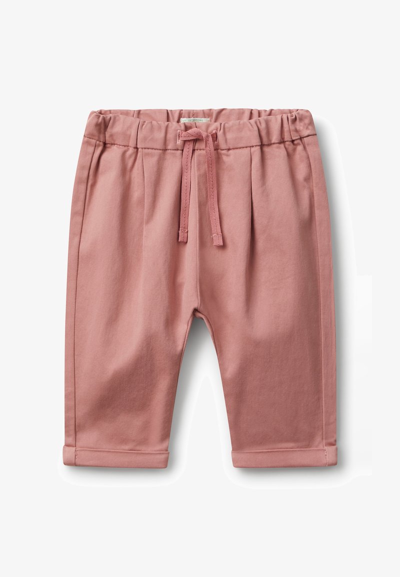 Jasnoróżowe spodnie bawełniane z elastycznym pasem, sznurkiem i podwiniętymi mankietami. Posiadają przednie zaszewki dla luźnego kroju.