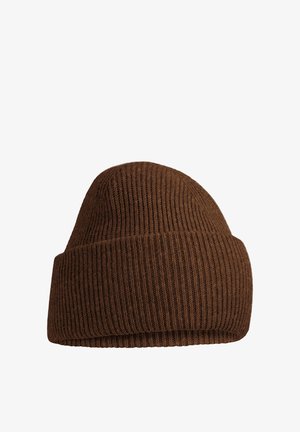 Brown ribbed knit beanie hat with a folded cuff, designed to provide warmth and comfort.