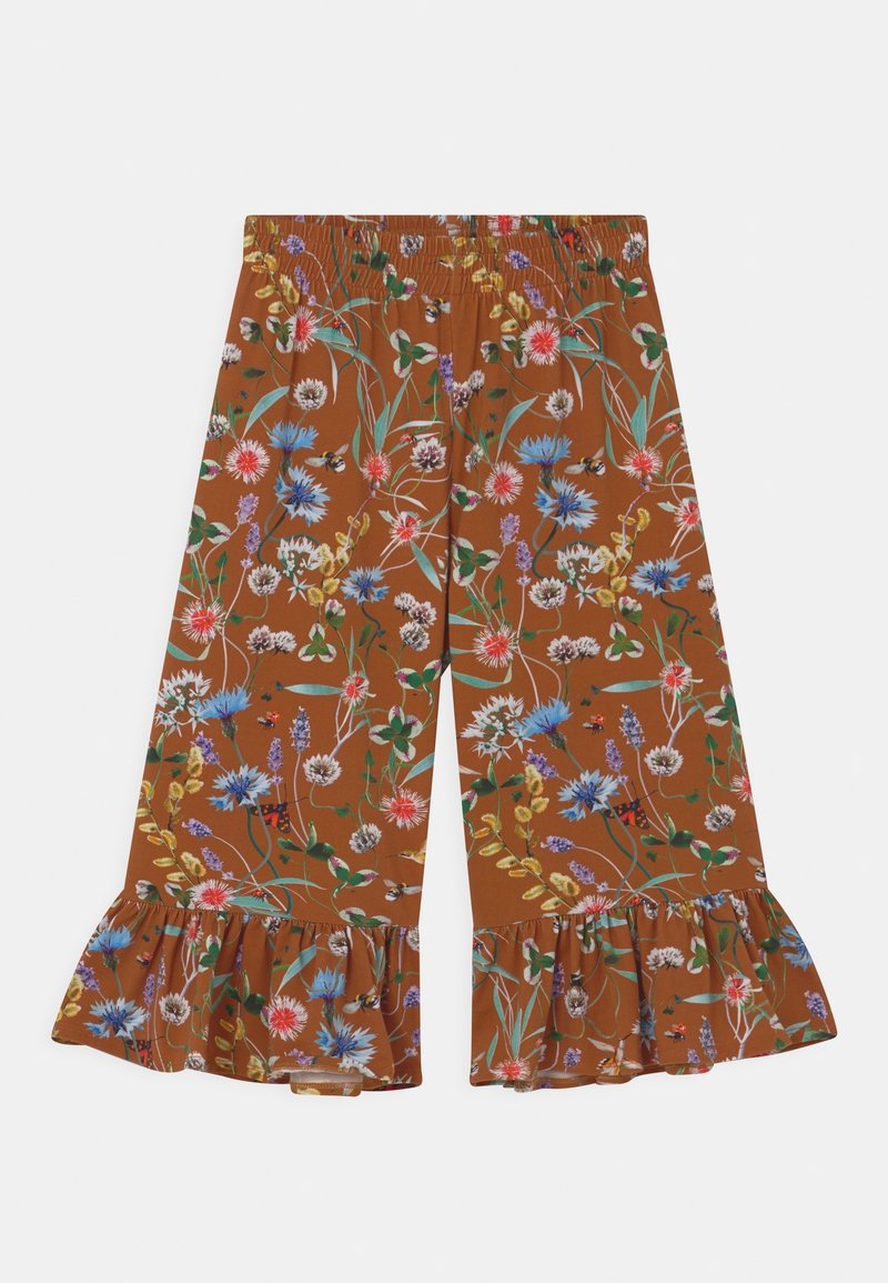 Hnědé culottes s květinovým potiskem a rozšířeným lemem, zdobené živými modrými, červenými a žlutými květinami. Vyrobené z lehké, měkké tkaniny.