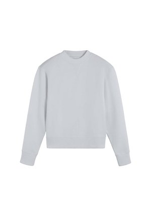 Sudadera de cuello redondo gris claro con mangas largas, puños acanalados y un dobladillo acanalado, mostrada sobre un fondo blanco.