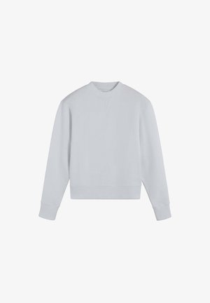 Sweatshirt à col rond gris clair avec manches longues, poignets côtelés et base côtelée, présenté sur un fond blanc.