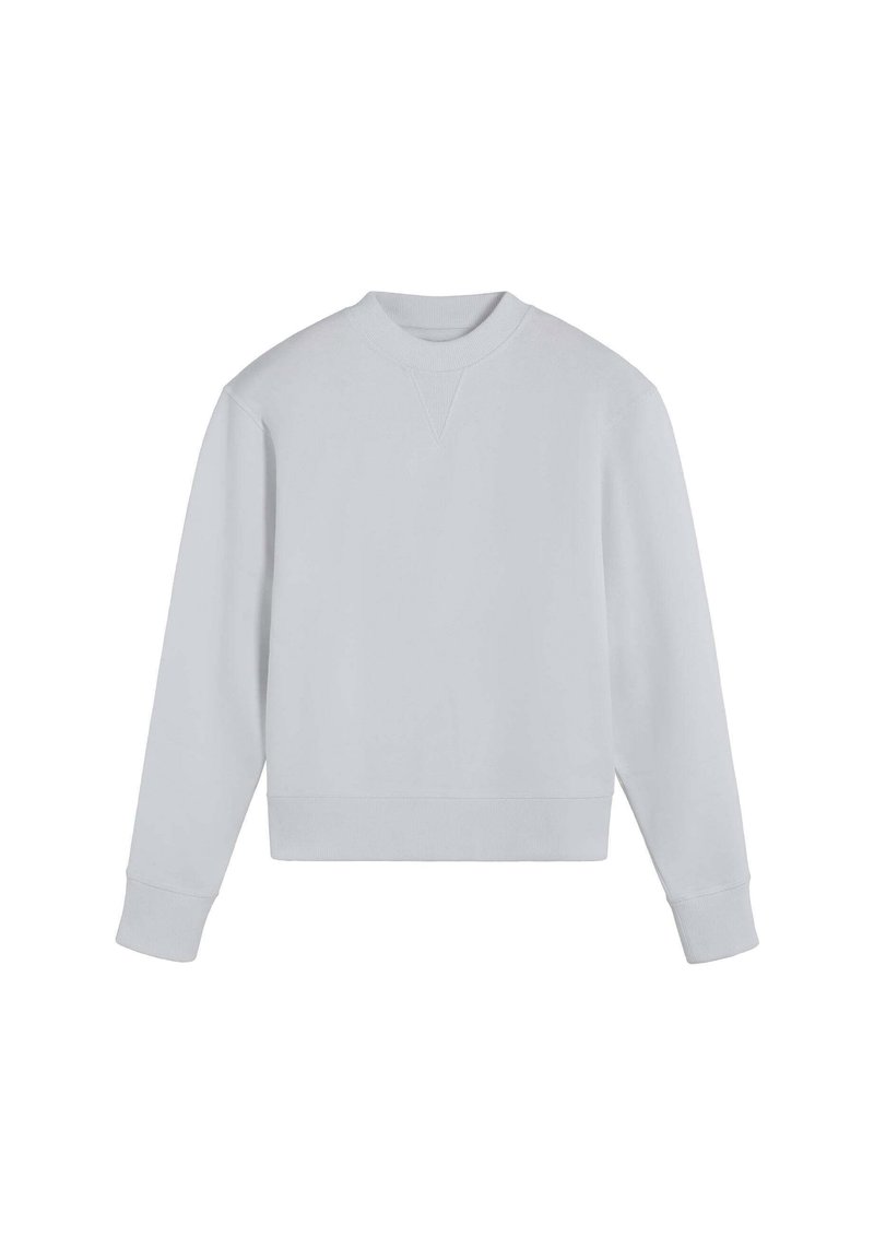 Sweatshirt à col rond gris clair avec manches longues, poignets côtelés et base côtelée, présenté sur un fond blanc.