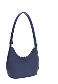 Borsa a spalla in pelle blu navy con zip dorata, tracolla regolabile e piccolo logo Furla al centro anteriore.