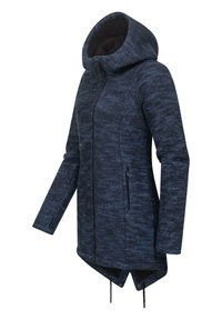 Marinblå, långärmad jacka med huva, i strukturerat tyg, med framzipper och två sidofickor med snörband i nederkant.