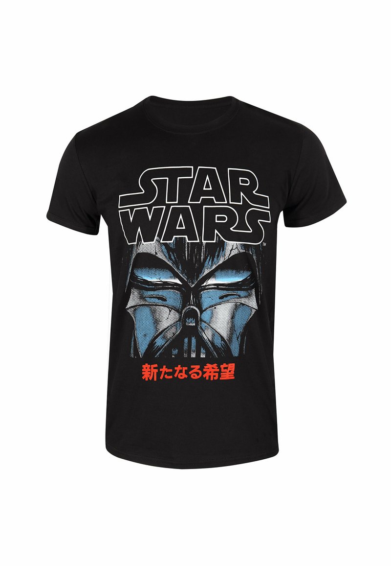 Camiseta negra de algodón con un gráfico de un casco con detalles azules y texto en japonés, con "STAR WARS" destacado en la parte superior.