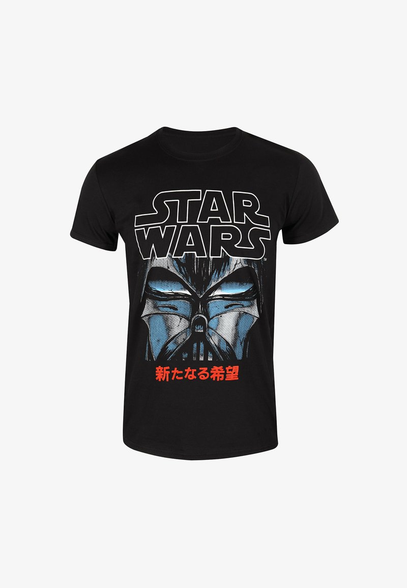 Camiseta negra de algodón con un gráfico de un casco con detalles azules y texto en japonés, con "STAR WARS" destacado en la parte superior.