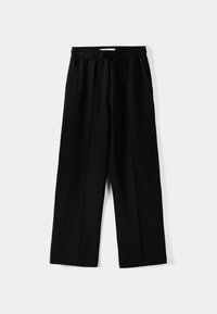 Black wide-leg pants made of soft fabric with an elastic waistband and drawstring. Features side pockets and a simple, clean design.