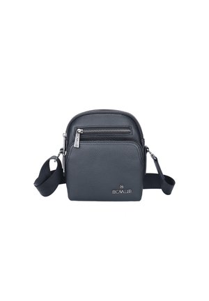 Schwarze Leder-Crossbody-Tasche mit strukturierter Oberfläche, ausgestattet mit einem oberen Reißverschluss, einer Vorderseite mit Reißverschlusstasche und einem verstellbaren Schultergurt.