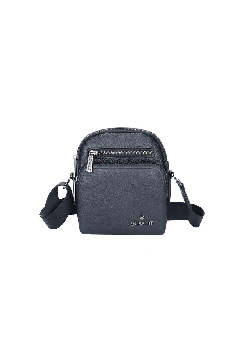 Borsa a tracolla in pelle nera con finitura texturizzata, dotata di chiusura superiore con zip, tasca frontale con zip e tracolla regolabile.