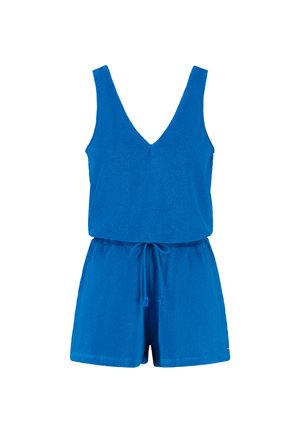 Combinaison en éponge bleue avec un col en V plongeant, sans manches, et une taille avec cordon réglable ; présente une coupe décontractée et des jambes courtes.