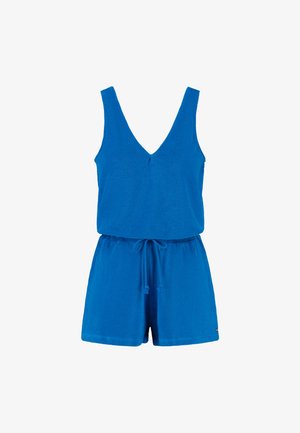 Mėlynas frotė rompers su giliu V formos iškirpte, be rankovių dizainu ir reguliuojamu raišteliu juosmenyje; pasižymi laisvu siluetu ir trumpomis kelnėmis.