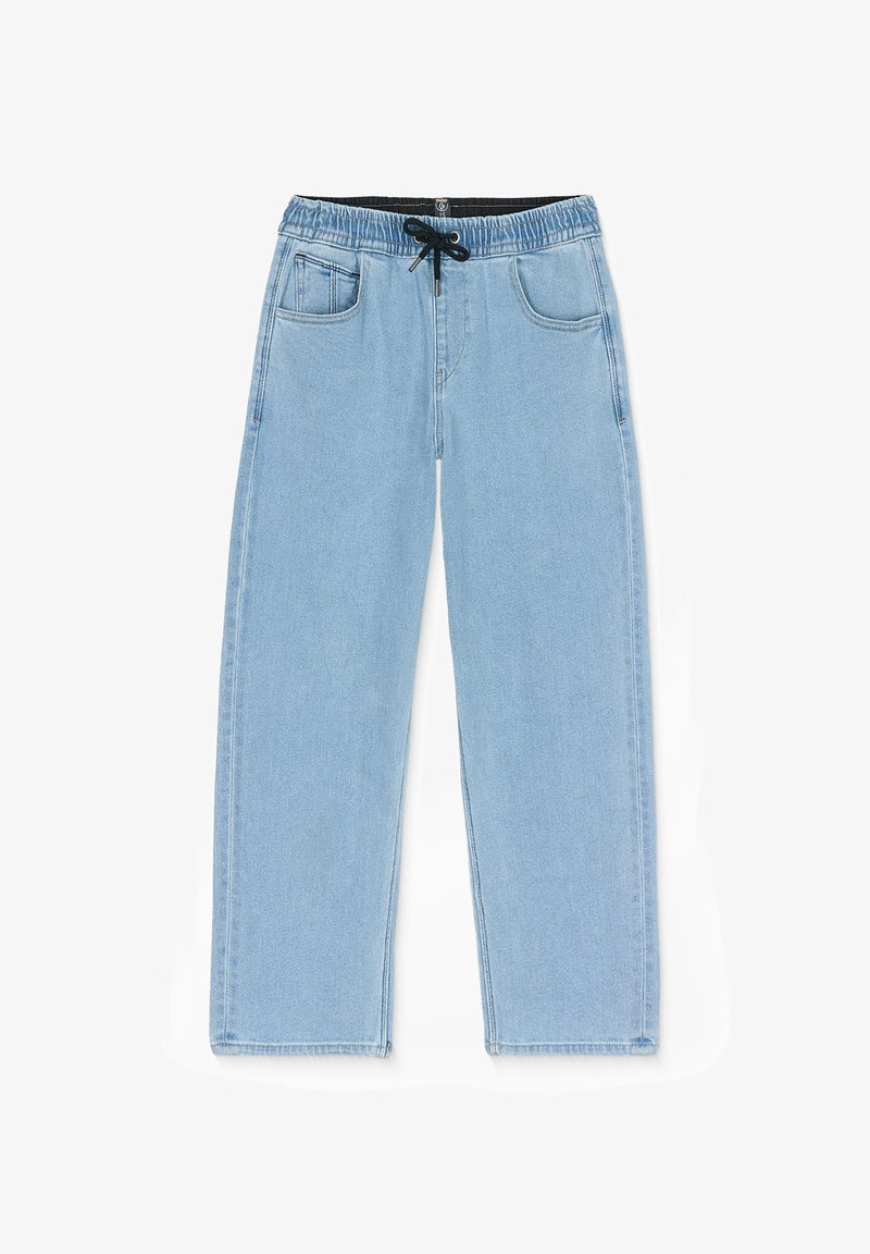 Light blue denim pants with an elastic waistband, drawstring, and two front pockets. Straight leg design with clean finished hems.