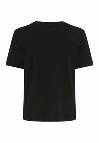 Schwarzes T-Shirt mit kurzen Ärmeln und Rundhalsausschnitt, aus einem weichen Material gefertigt, mit einem schlichten, ungeschmückten Design und einer lässigen Passform.