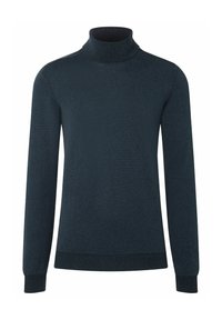 Dunkelgrüner Rollkragensweater aus weichem Strickstoff, mit langen Ärmeln sowie gerippten Bündchen und Saum. Glatte Textur mit minimalistischem Design.