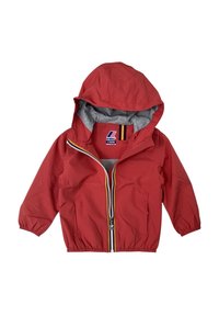 Giacca leggera rossa con cappuccio, chiusura con zip, polsini elastici, foderata in grigio e logo sul petto. Adatta per bambini di 3 anni.