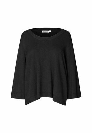Sorte pullover strik med en bred, rund halsudskæring, trekvartærmer og en løs pasform. Fremstillet af blødt, struktureret stof.