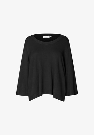 Jersey de pulóver negro con un escote amplio y redondeado, mangas de tres cuartos y un corte holgado. Está hecho de un tejido suave y texturizado.