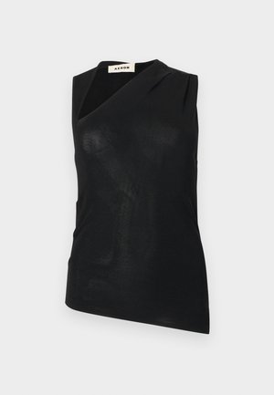 Svart ermeløs topp med asymmetrisk utringning og lett drapering, merket "AERON", vist mot en ensfarget hvit bakgrunn.