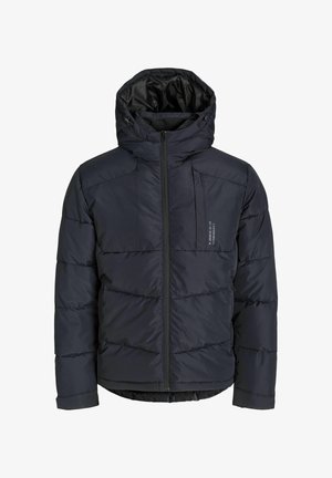 Padded jakna u tamnoplavoj boji, s prednjim zatvaračem, kapuljačom, elastičnim manžetama i panel šavovima za dodatnu teksturu i toplinu.