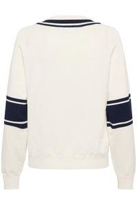 Weißer Pullover mit marineblauen Streifen an Ärmeln und Kragen. Verfügt über gerippte Bündchen und Saum, weiche Textur und ein klassisches sportliches Design.