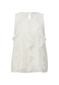 Weiße ärmellose Bluse mit geschichteten Rüschen an der Vorderseite, rundem Ausschnitt und einem Schlüssellochausschnitt hinten. Leichtes Material.