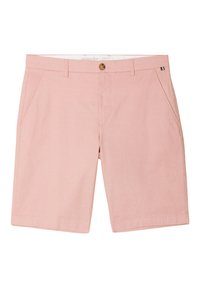 Vaaleanpunaiset shortsit, jotka on valmistettu teksturoidusta kankaasta, suoran mallin omaavat, ja joissa on sivutaskut sekä metallinen nappilukitus vyötäröllä.