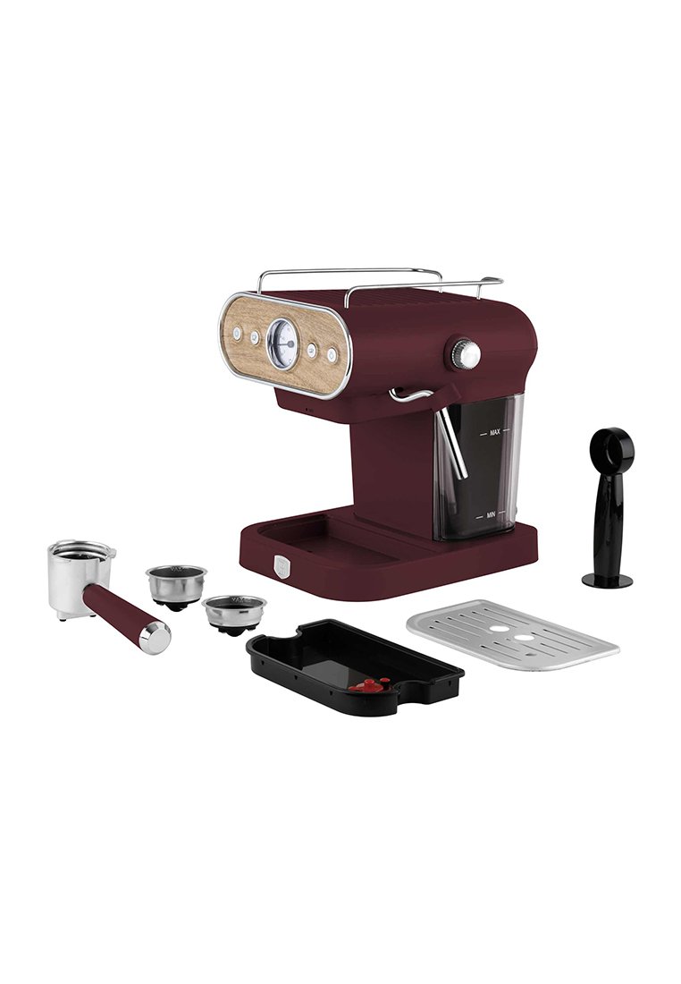 Burgundský kávovar na espresso s dřevěnými akcenty, kovovými knoflíky a průhlednou nádržkou na vodu. Obsahuje pákový portafilter, odkapávací misku a nástroje.