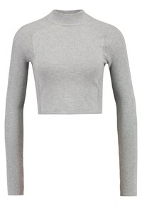 Top corto gris con cuello alto y mangas largas. Presenta un diseño ajustado y una tela texturizada.
