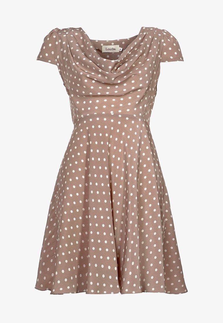 Robe taupe à manches courtes avec pois blancs, encolure drapée, taille cintrée et jupe évasée, étiquette Louche taille 10.