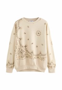 Beige sweatshirt with a paisley pattern in darker shades. Features a crew neckline, long sleeves, and ribbed cuffs. Soft material.