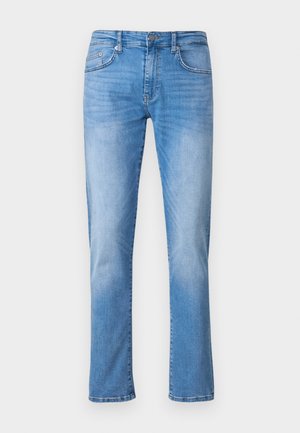 Light blue denim jeans with a straight leg design, featuring five pockets, a button and zipper closure, and subtle fading patterns.