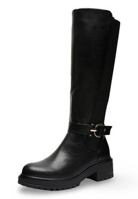 Bottine noire hauteur genou en cuir lisse avec un talon épais, dotée d'une boucle latérale et d'un panneau élastique pour un ajustement et un confort optimal.