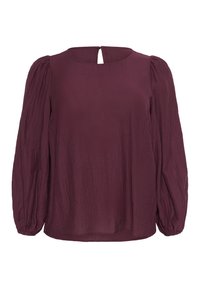 Bordeauxfarbige Bluse mit ribbeliger Textur, rundem Hals und einem Schlüsselloch-Rücken-Detail. Verfügt über lange, geraffte Ärmel mit elastischen Bündchen.