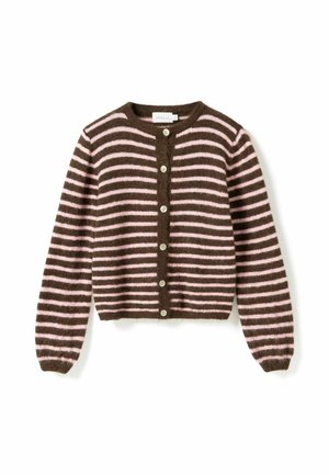 Bruine en roze horizontaal gestreepte cardigan met lange mouwen, ronde hals en knoopsluiting aan de voorkant.